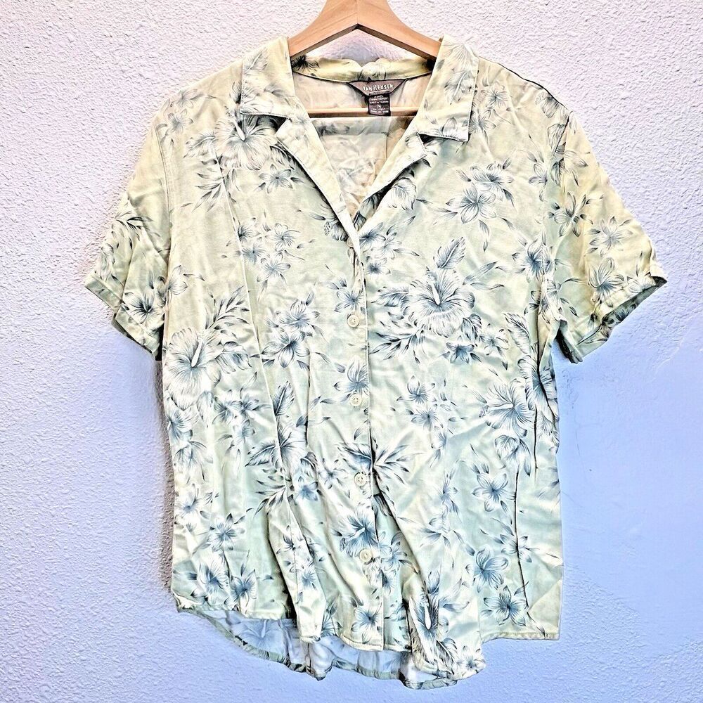 Van Heusen Tan Leaf Fronds Rayon womens flower rayon Hawaiian Shirt size M